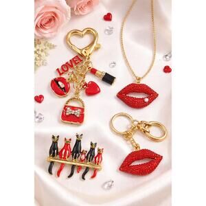 NEW Bundle Lips Love Charm Keychain Necklace Brooch Red Gold Gift Set Y2K Cute